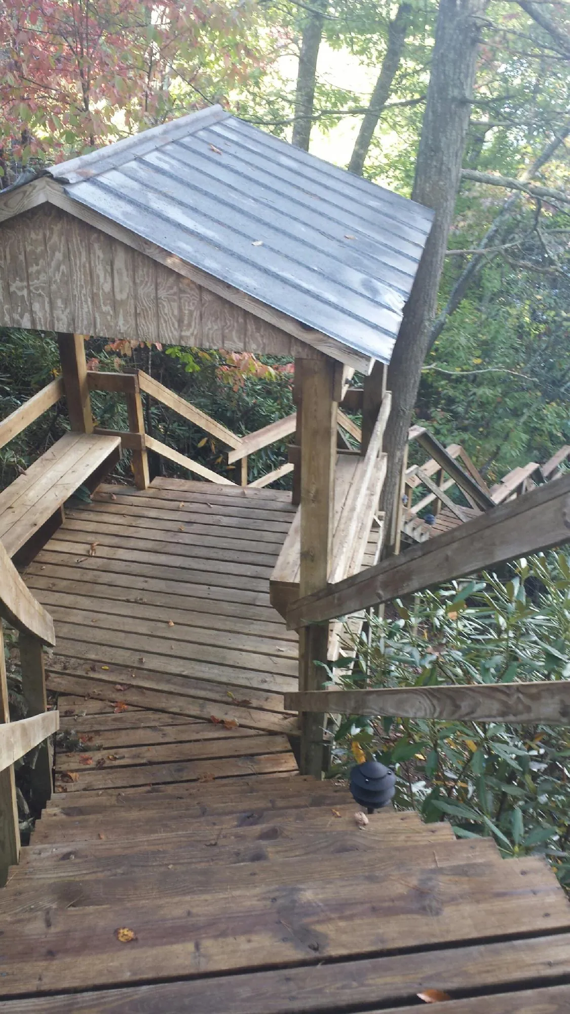 Metal roofed shelter over wooden steps on a wooded walkway — Skylight Repair & Installation work by our crew in Greenfield Park